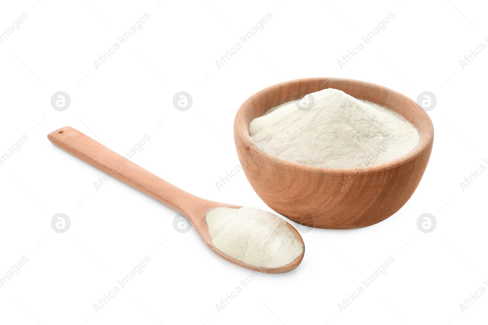 Photo of Wooden bowl of agar-agar powder and spoon on white background