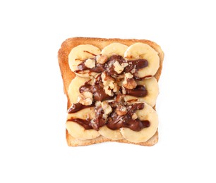 Photo of Delicious toast with bananas, chocolate cream and nuts isolated on white, top view