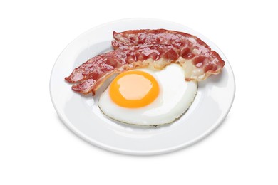 Photo of Plate with delicious fried egg and bacon isolated on white