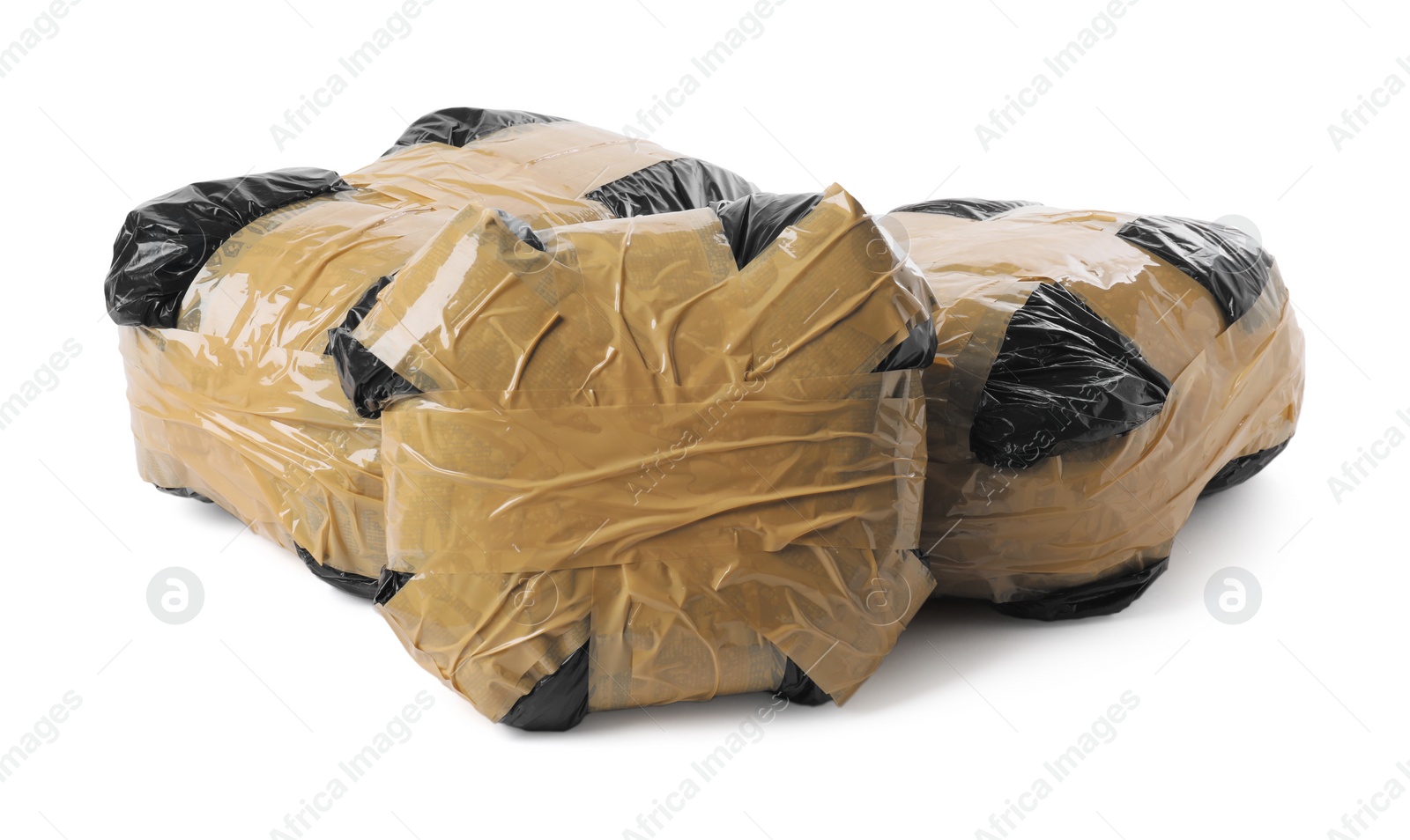 Photo of Packages with narcotics isolated on white. Drug addiction