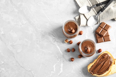 Photo of Flat lay composition with tasty chocolate mousse on table. Space for text