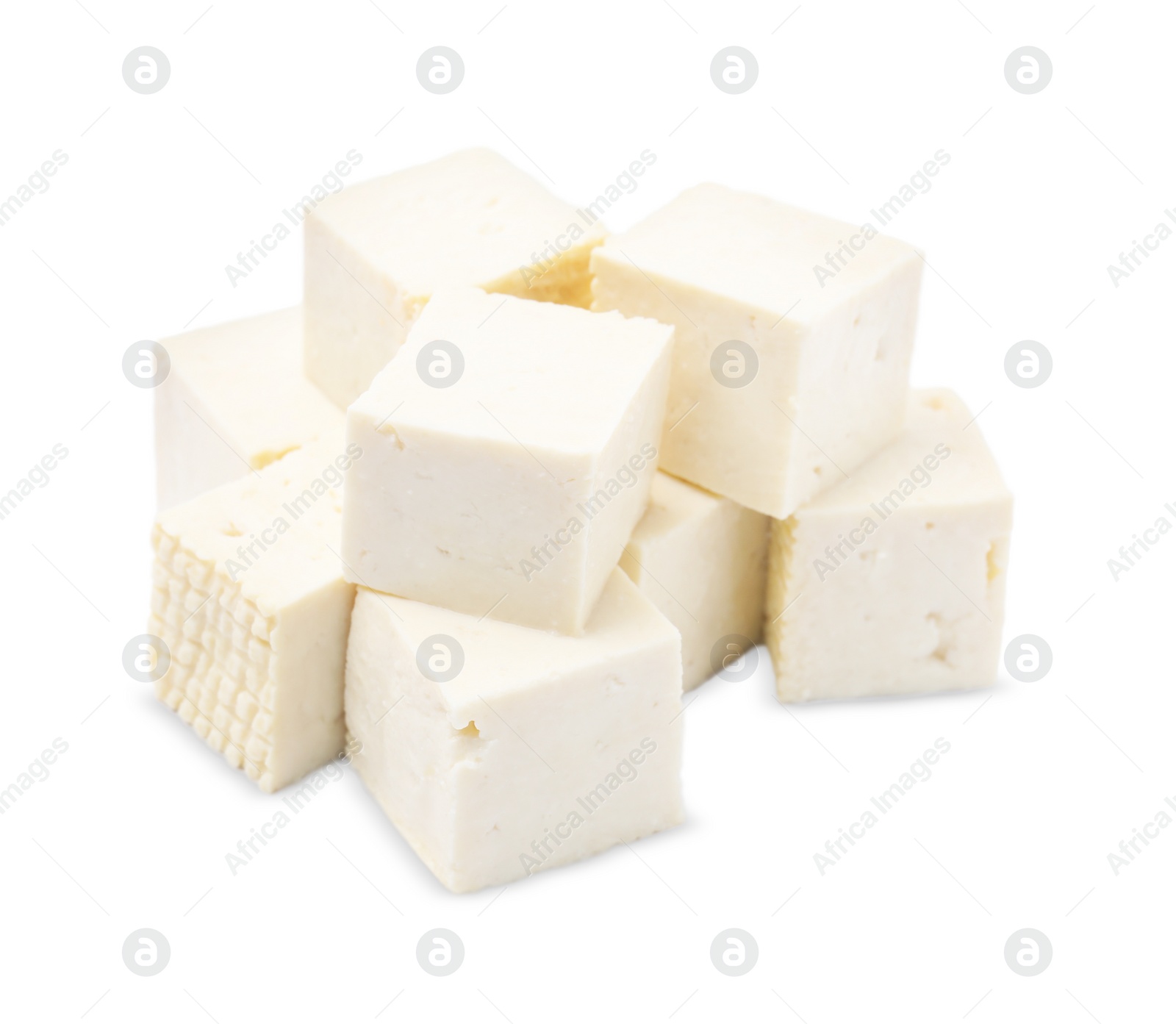 Photo of Delicious tofu cheese cubes isolated on white