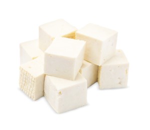 Delicious tofu cheese cubes isolated on white