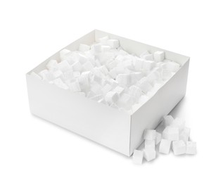 Photo of Cardboard box with styrofoam cubes isolated on white