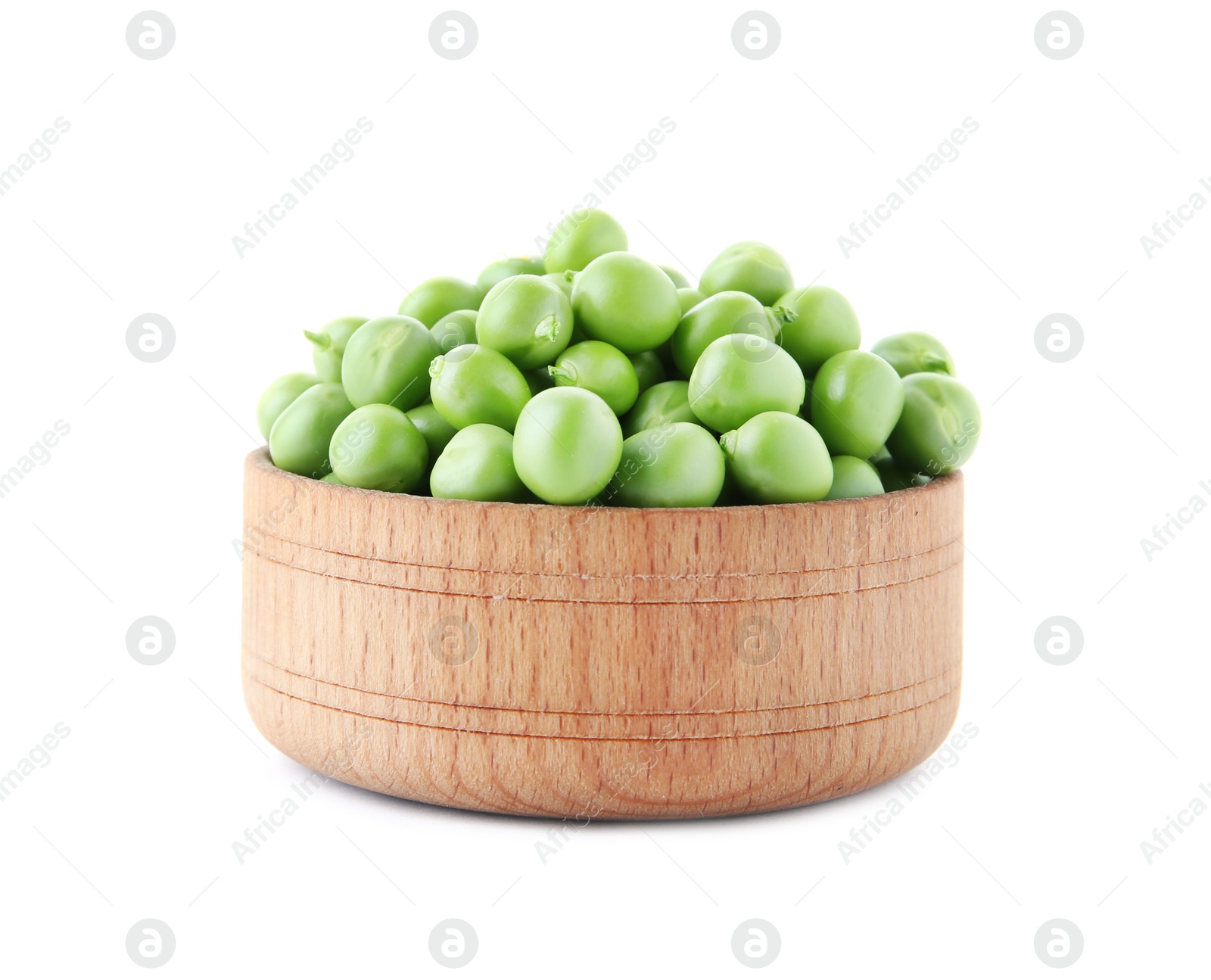 Photo of Bowl with green peas on white background