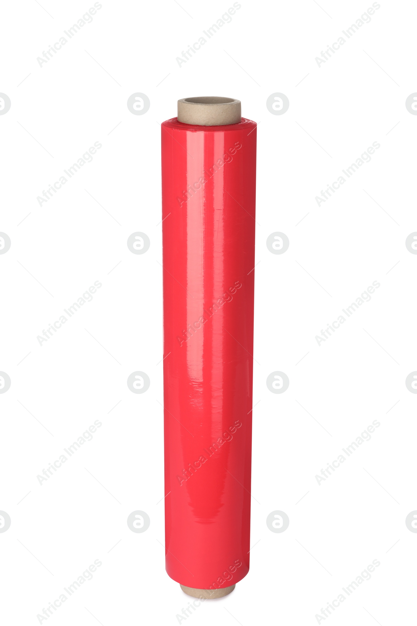 Photo of Roll of red plastic stretch wrap film isolated on white