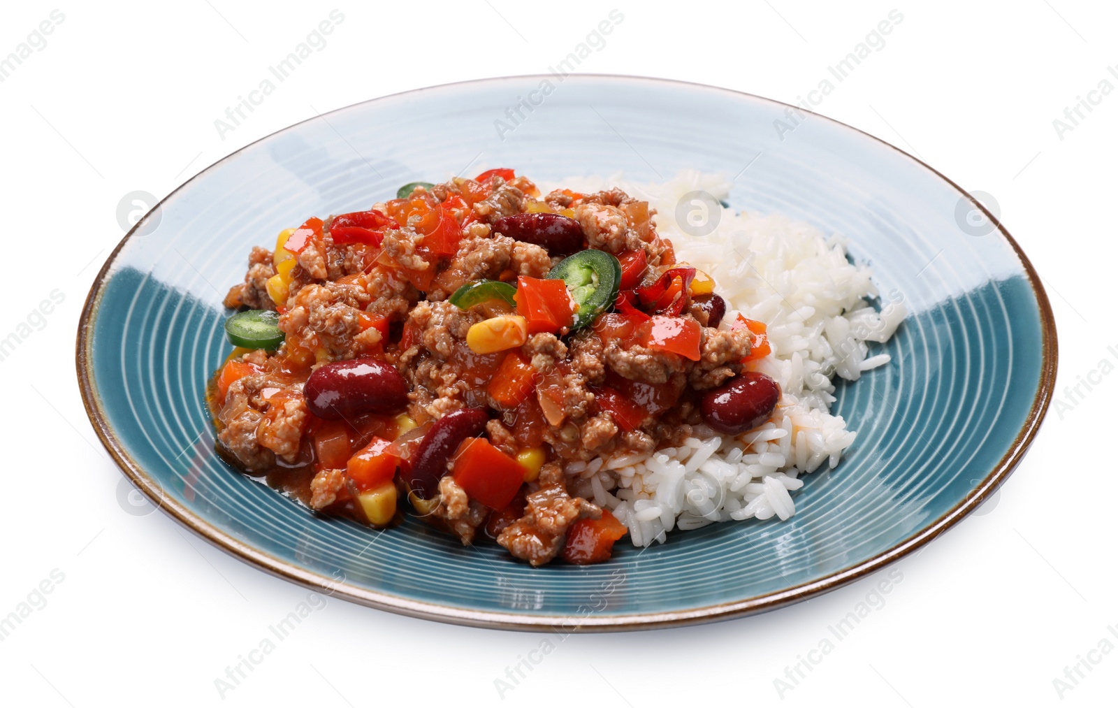 Photo of Plate of rice with chili con carne on white background