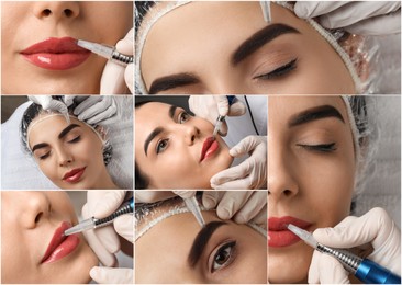 Image of Collage with different photos of women undergoing permanent makeup procedures