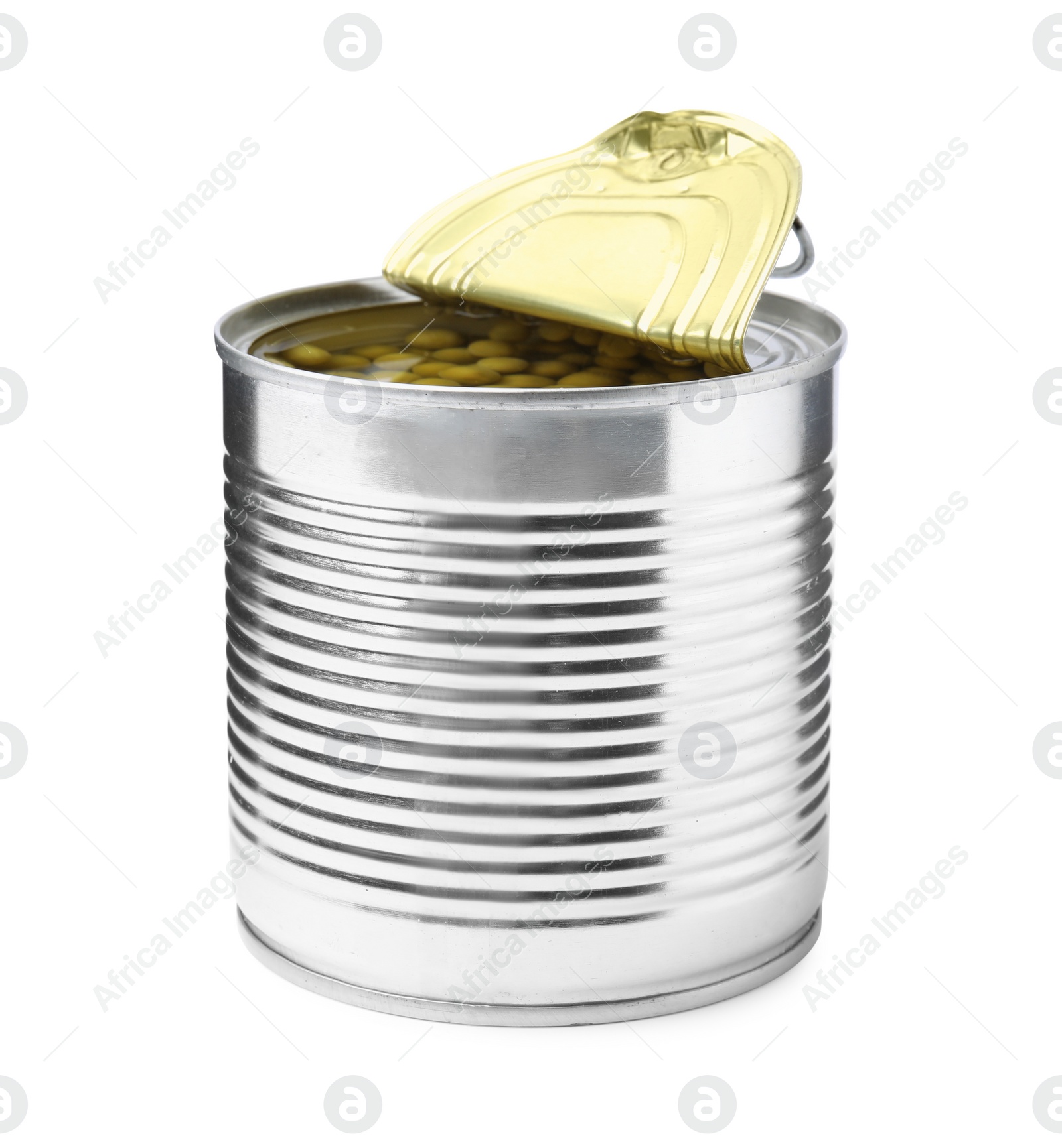 Photo of Open tin can of peas isolated on white