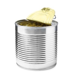 Photo of Open tin can of peas isolated on white