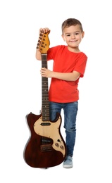 Little boy with electric guitar on white background