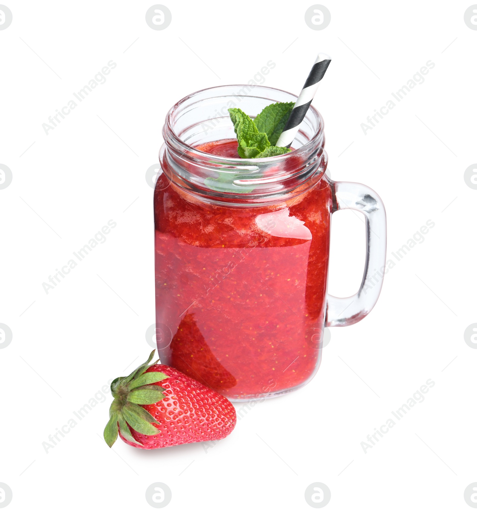 Photo of Tasty strawberry smoothie with mint in mason jar isolated on white