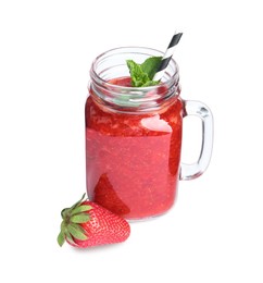 Photo of Tasty strawberry smoothie with mint in mason jar isolated on white