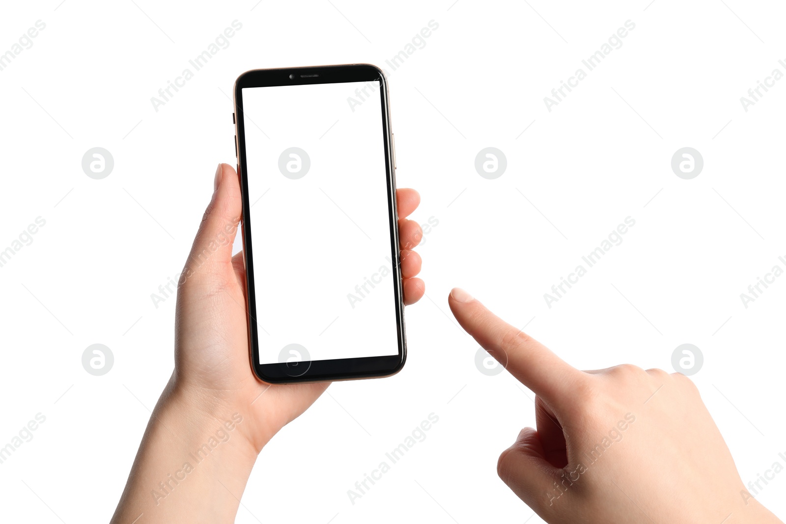 Photo of Woman holding smartphone with blank screen on white background, closeup. Mockup for design