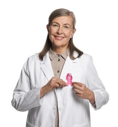 Photo of Mammologist with pink ribbon on white background. Breast cancer awareness