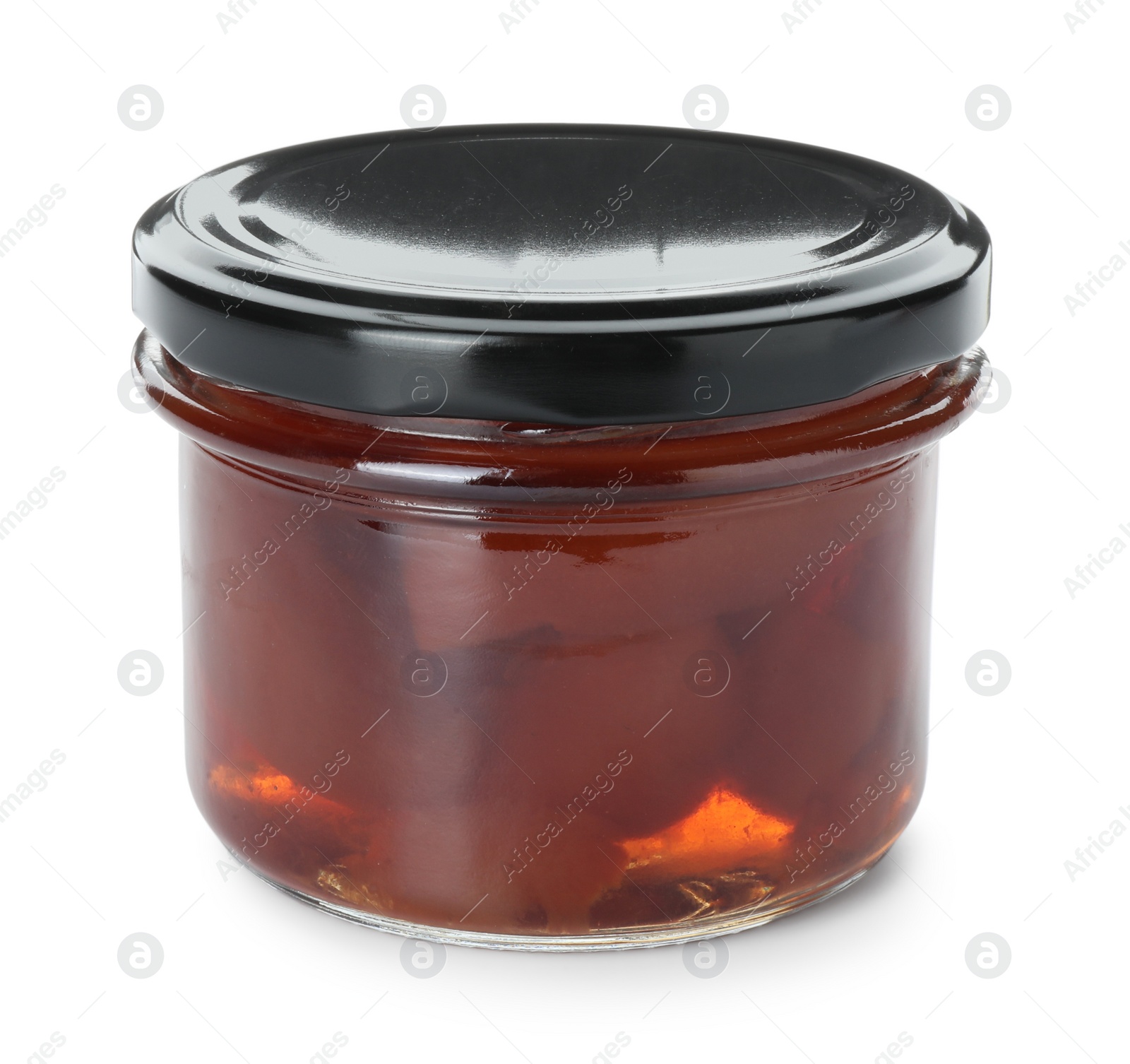 Photo of Tasty homemade quince jam in jar isolated on white