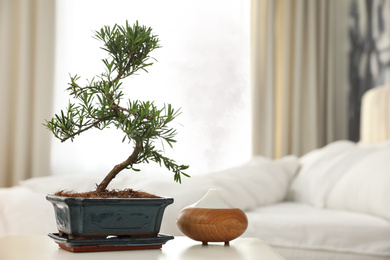 Japanese bonsai plant and oil diffuser on table in bedroom, space for text. Creating zen atmosphere at home