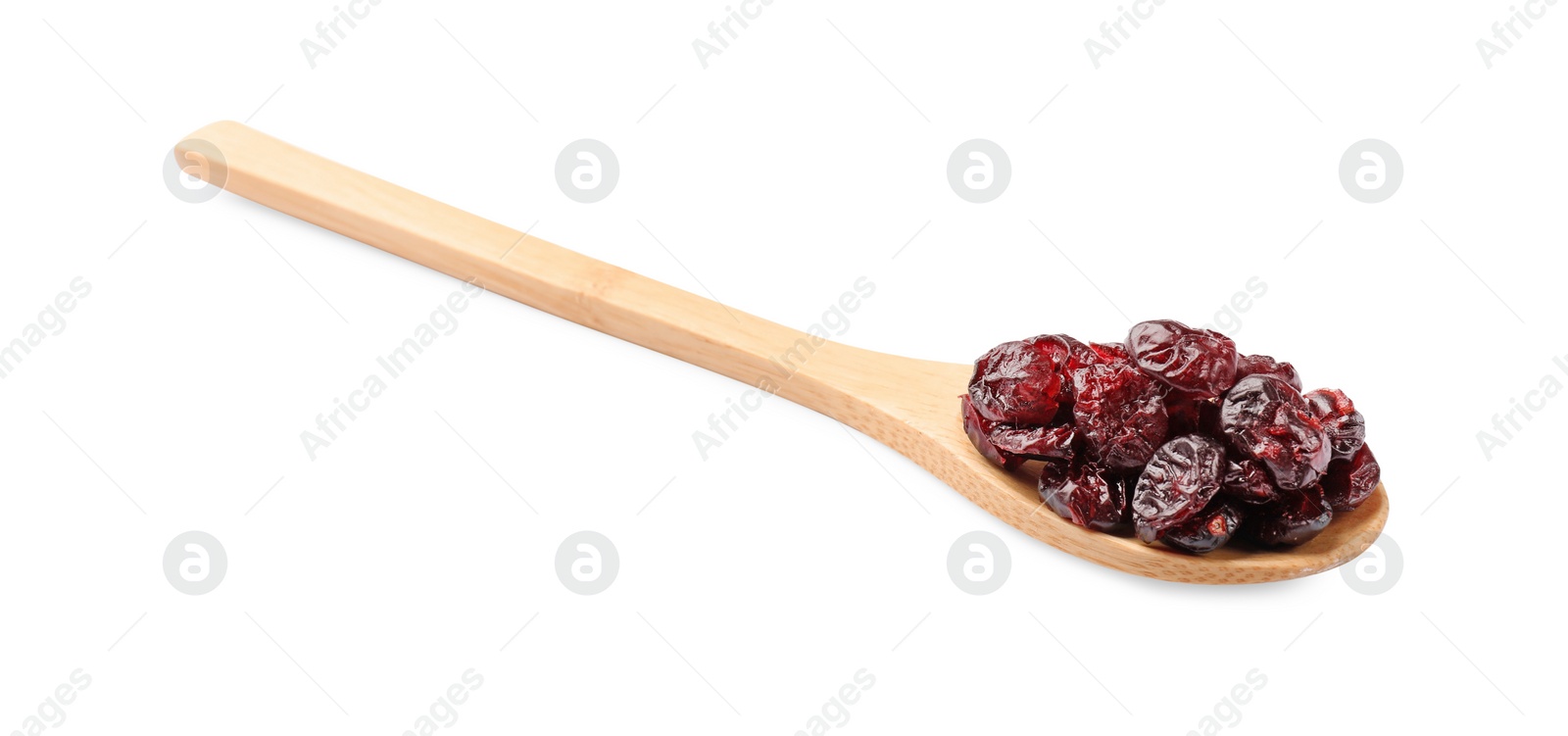 Photo of Spoon with dried cranberries isolated on white