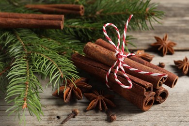 Different spices and fir branches on wooden table, closeup