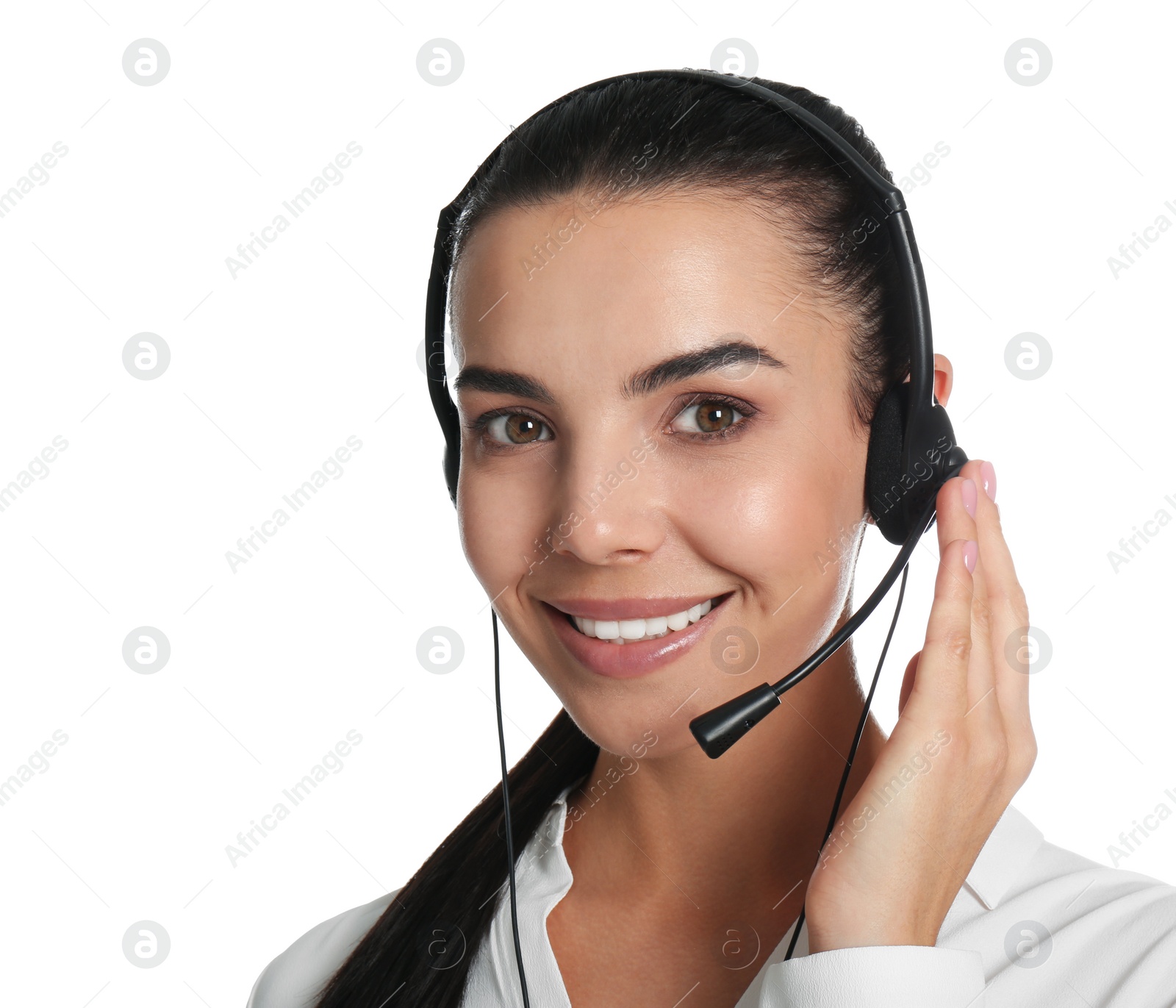 Photo of Beautiful young consulting manager with headset on white background