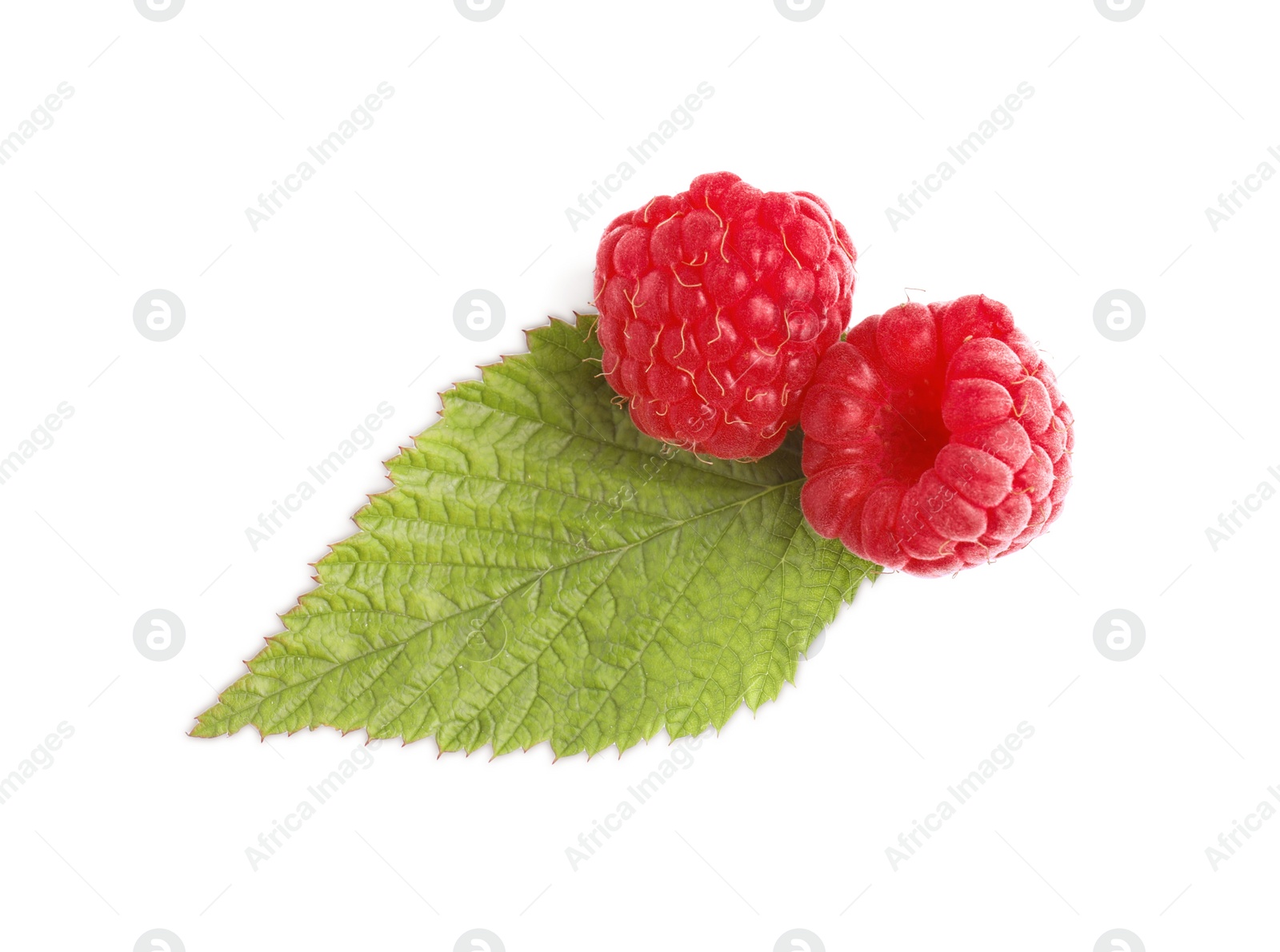 Photo of Fresh ripe raspberries with green leaf on white background, top view