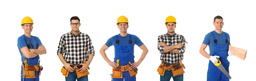 Image of Collage of handsome carpenters on white background