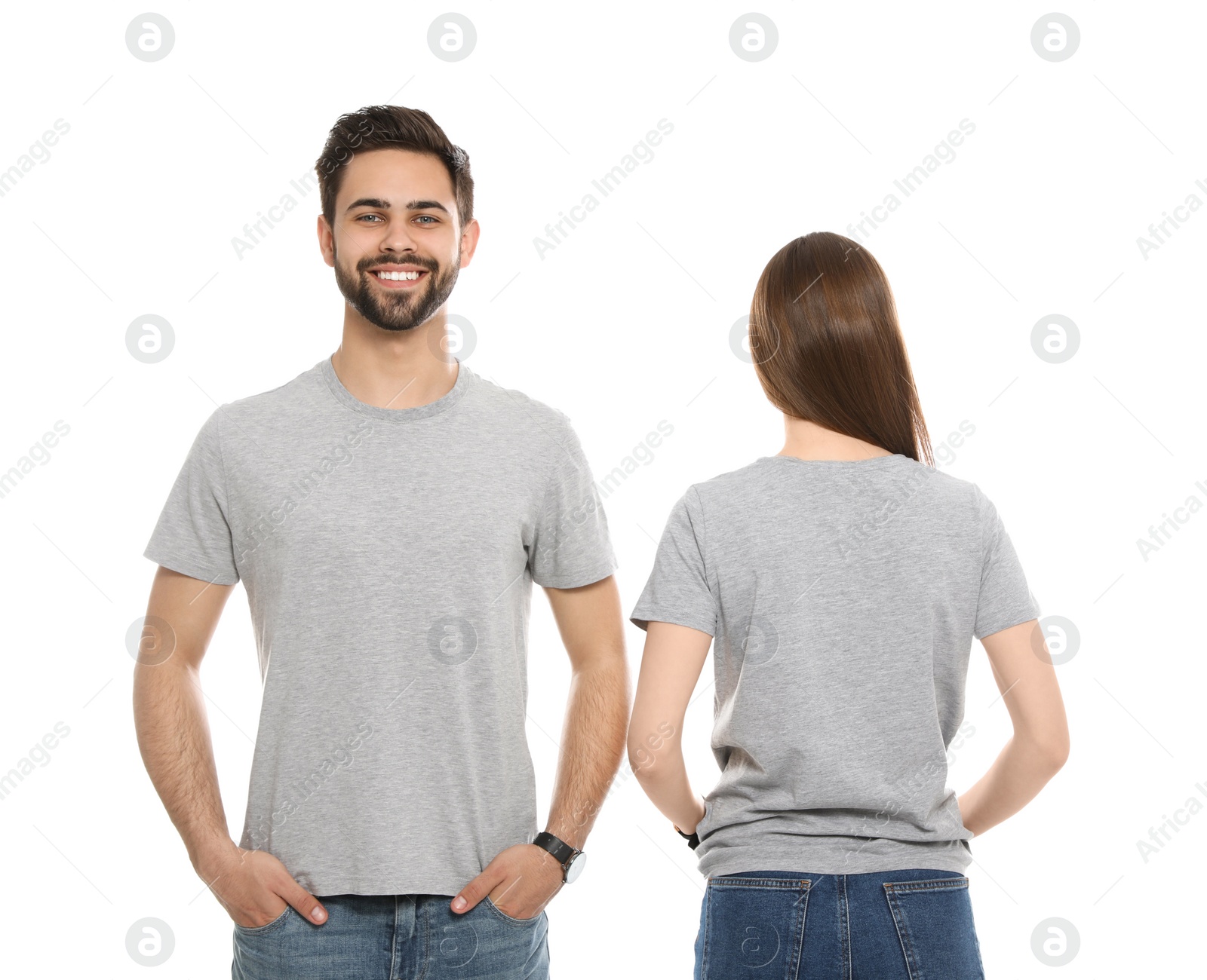 Photo of Young people in t-shirts on white background. Mock up for design