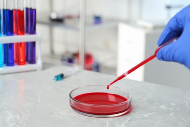 Photo of Scientist dripping reagent into Petri dish with sample in chemistry laboratory, closeup