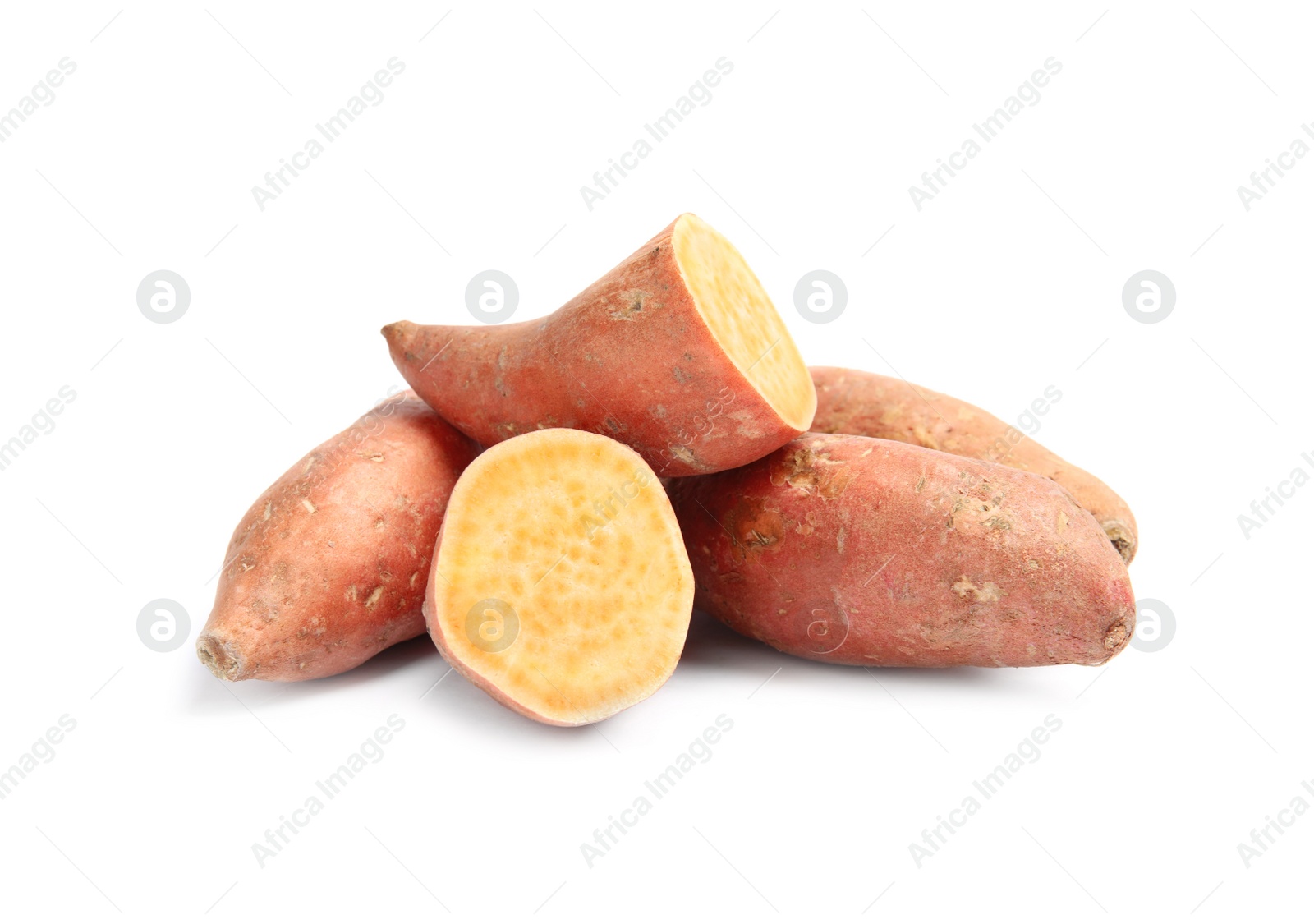 Photo of Fresh ripe sweet potatoes on white background