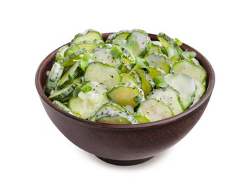 Bowl of delicious cucumber salad isolated on white