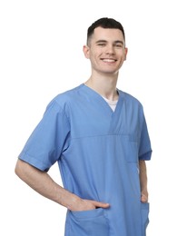 Portrait of smiling medical assistant on white background