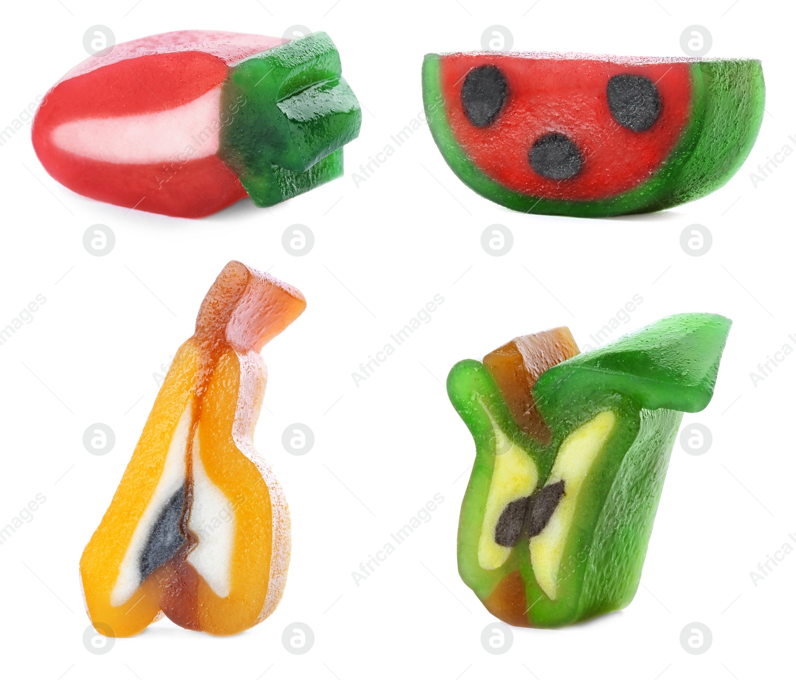 Image of Set of different jelly candies on white background