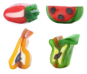 Image of Set of different jelly candies on white background