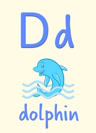 Illustration of Learning English alphabet. Card with letter D and dolphin, illustration