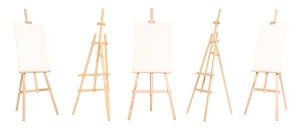 Wooden easel isolated on white, different sides