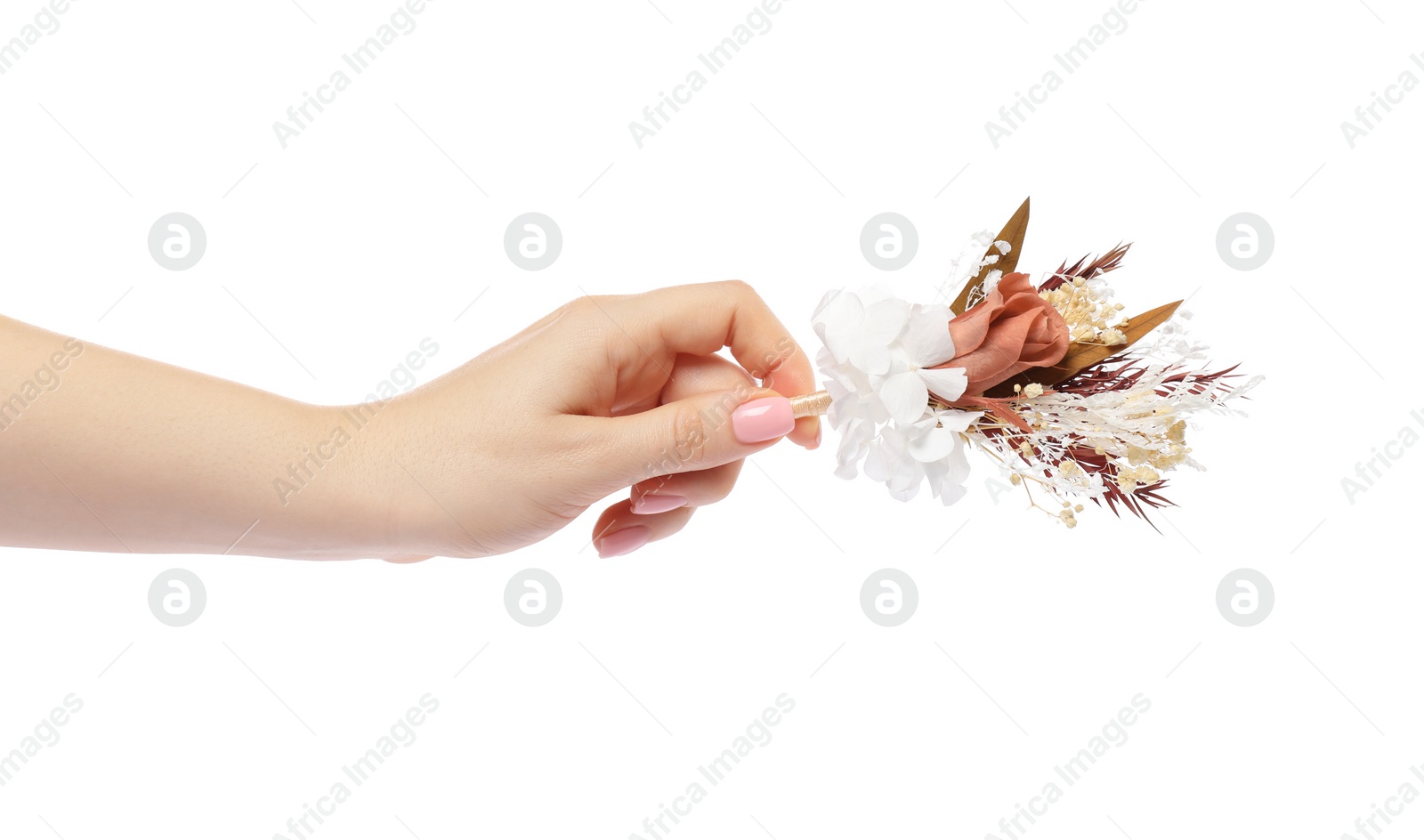 Photo of Woman holding stylish boutonniere on white background, closeup