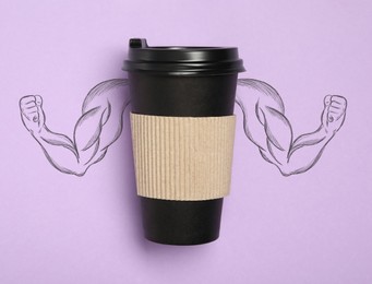 Image of Strong coffee. Takeaway paper cup with illustration of bodybuilder's arms on light violet background, top view
