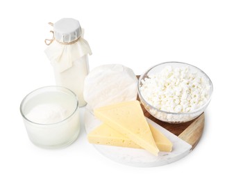 Photo of Different fresh dairy products isolated on white