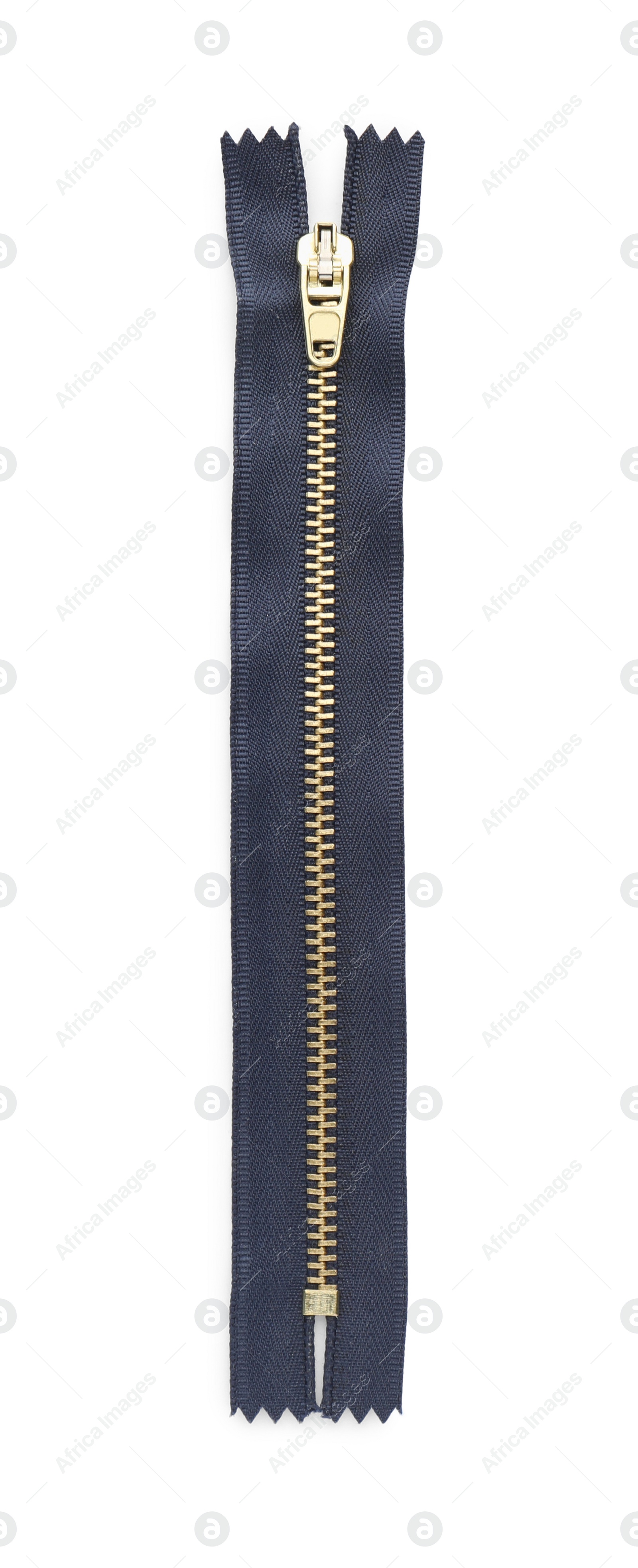 Photo of Dark blue zipper isolated on white, top view