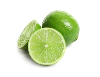 Photo of Fresh ripe green limes on white background