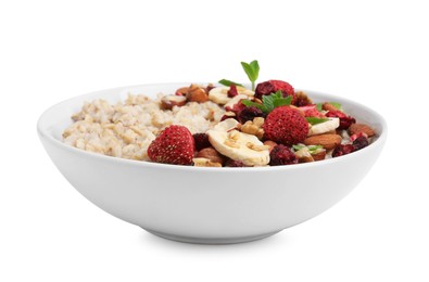 Photo of Delicious oatmeal with freeze dried berries, banana, nuts and mint on white background