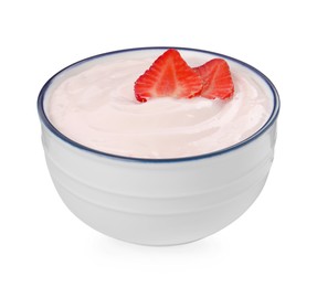 Photo of Bowldelicious yogurt with strawberries isolated on white