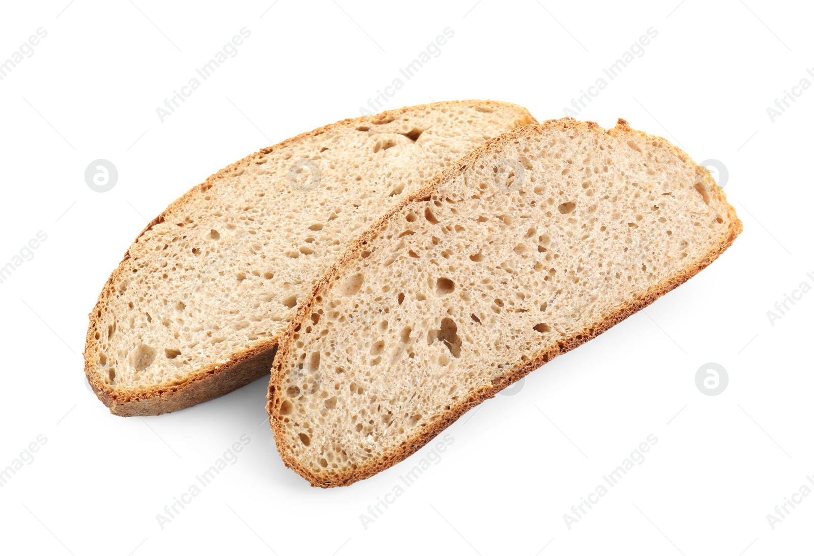 Photo of Slices of freshly baked sourdough bread isolated on white