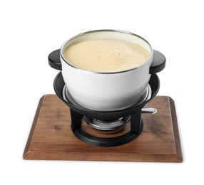 Fondue pot with tasty melted cheese isolated on white