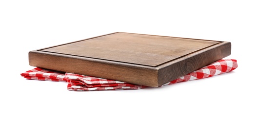 Photo of Wooden board on white background. Kitchen utensil