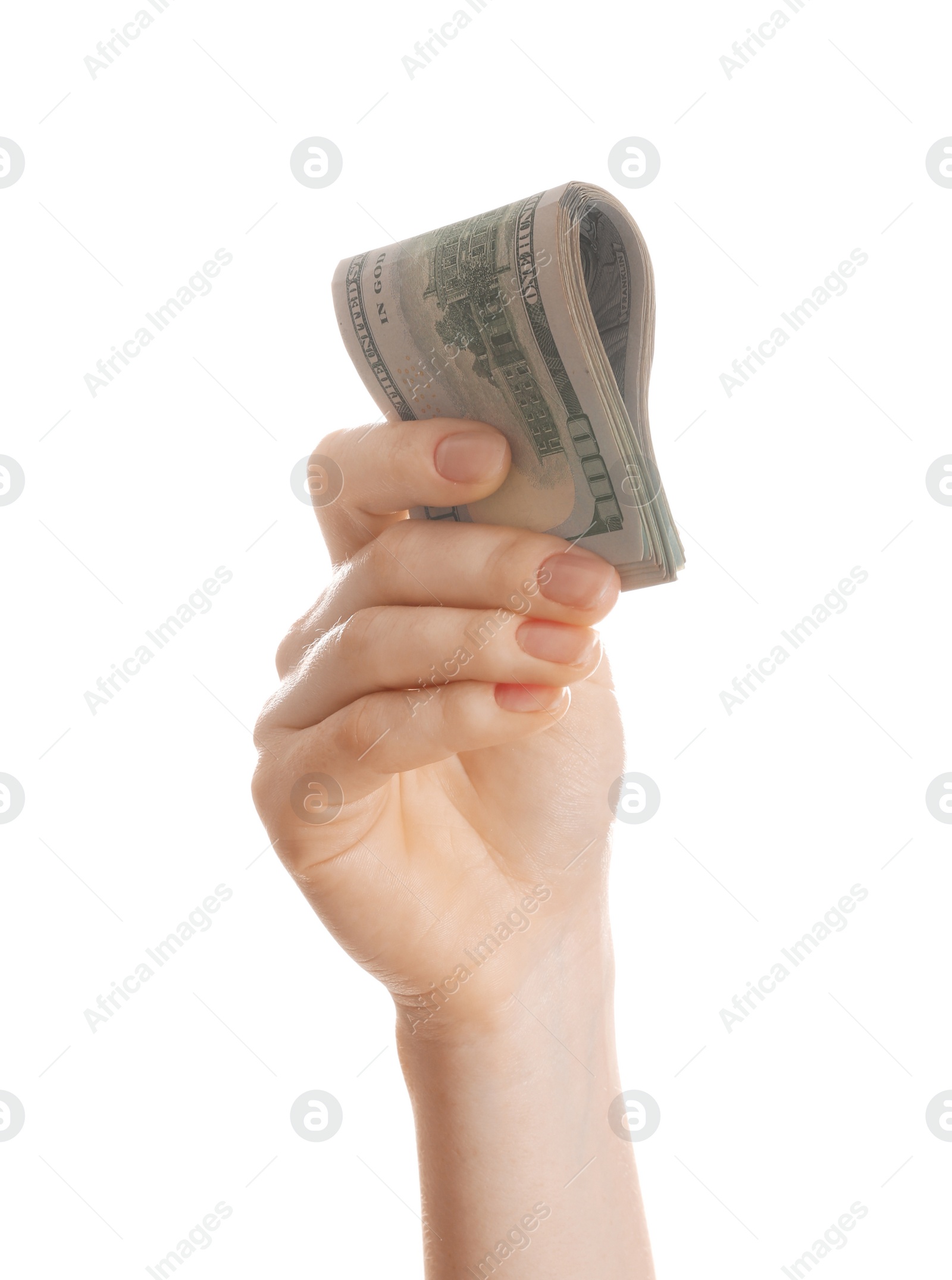 Photo of Woman with American money on white background, closeup