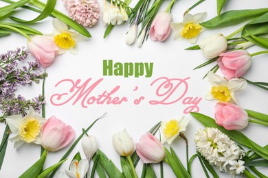 Happy Mother's Day. Beautiful spring flowers on white background, flat lay 