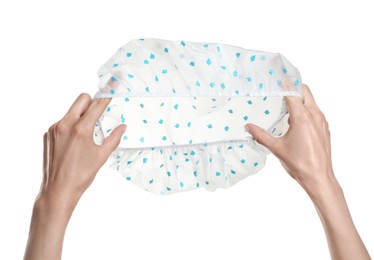 Photo of Woman holding shower cap with pattern on white background, closeup