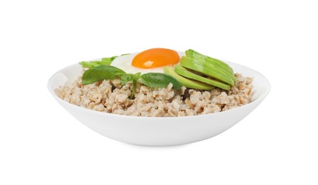 Photo of Delicious boiled oatmeal with fried egg, avocado and basil in bowl isolated on white