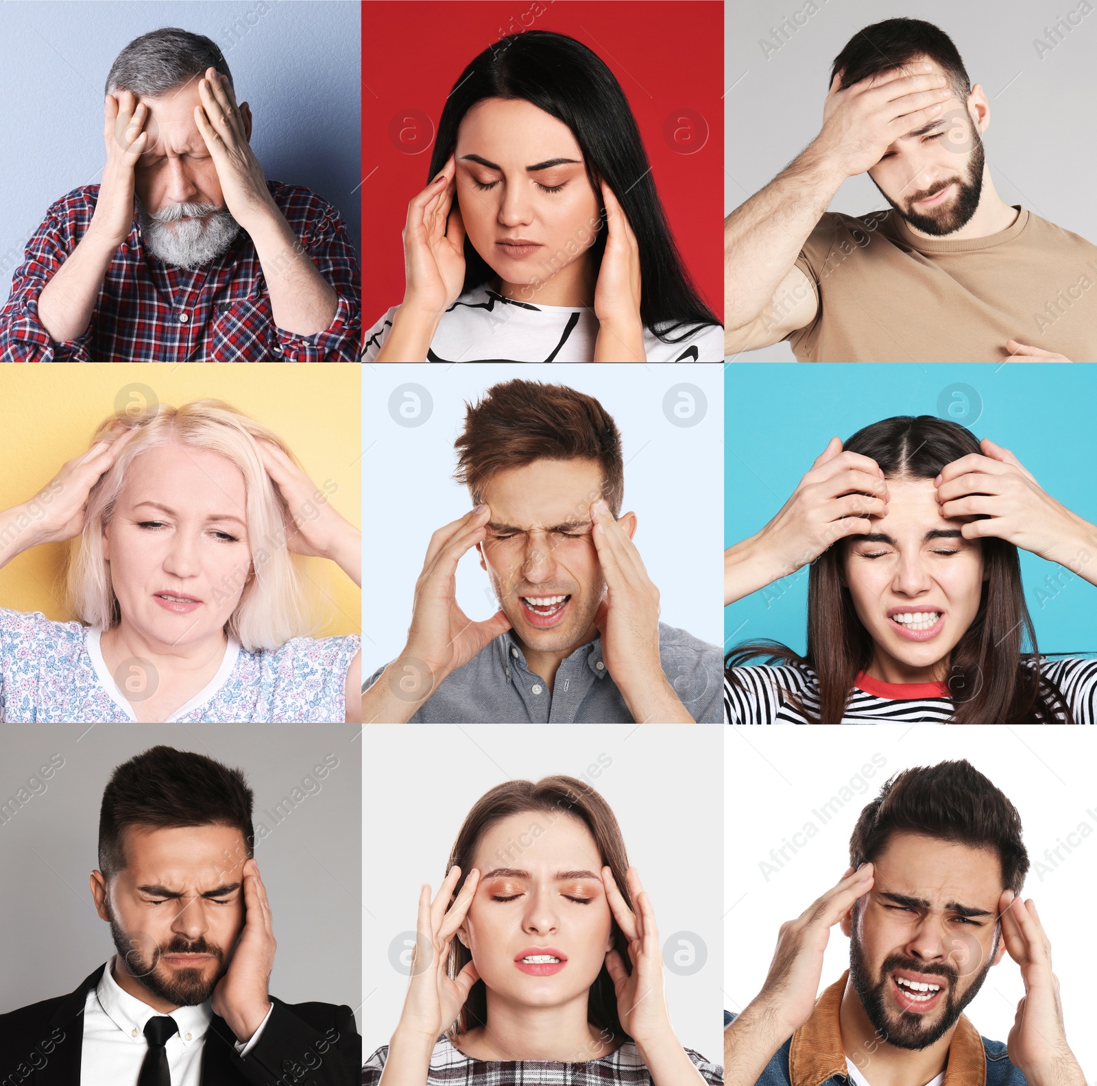 Image of Collage with stressed people on different color backgrounds